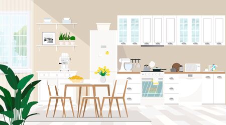 Modern interior of the kitchen and dining room with furniture, dishes, window, household appliances.のイラスト素材