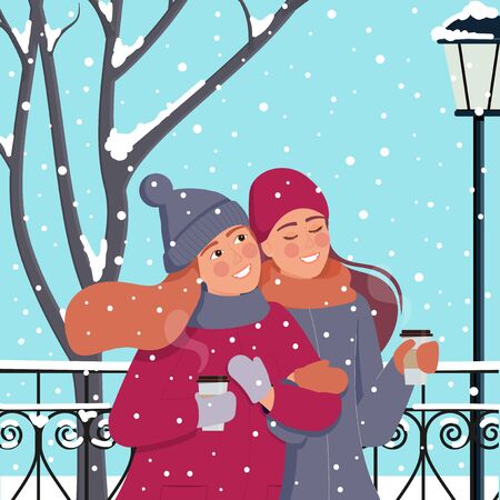 Happy girls with cups of coffee. Walking in a winter park during a snowfall.のイラスト素材