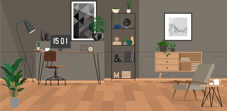 Grey home office interior with a monitor standing on a desk with wooden chairのイラスト素材