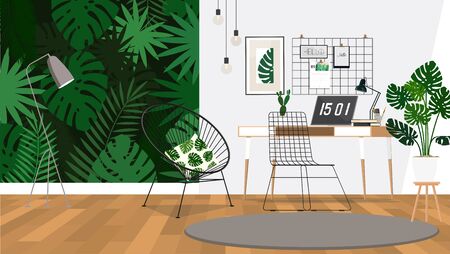 Desk with a monitor in a home office with plants and leafy wallpaperのイラスト素材