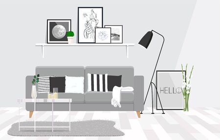 Luxurious living room interior with a grey couch, lamp, coffee table and posters in shelf.のイラスト素材