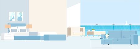 Bedroom with a balcony overlooking the sea and garden furniture.のイラスト素材
