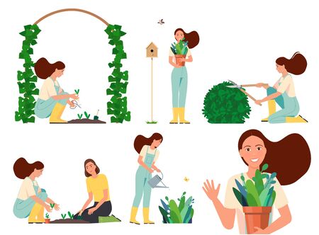 Vector flat illustration of a working woman in the garden.のイラスト素材
