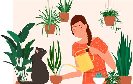 A young girl with a cat is watering plants.のイラスト素材