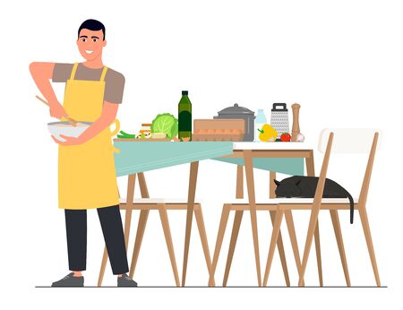 A smiling man in a yellow apron is preparing food against the background of a food table and a sleeping cat in a chair.のイラスト素材