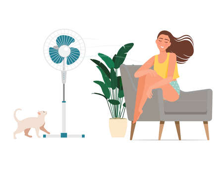 A young girl sits in an armchair and her hair flutters from the wind of a fan on a hot day.のイラスト素材