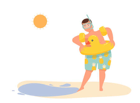 A man with a lifebuoy in oversleeves and a swimming mask touches the water with his foot.のイラスト素材