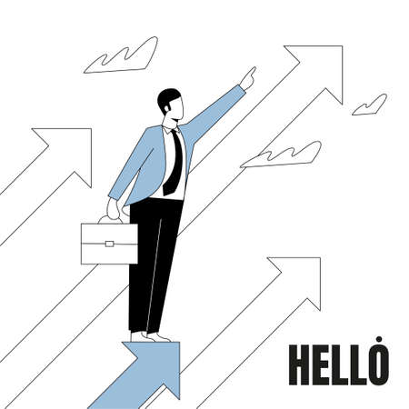 The leader man stands on the arrow and indicates the direction to the top.のイラスト素材
