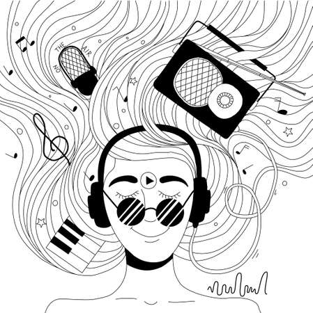 A girl with music in her hair and a play button on her forehead.のイラスト素材