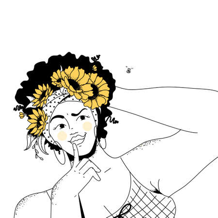 Afro girl with sunflowers in her hairのイラスト素材