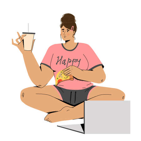 The girl at the laptop eats pizza and she is happyのイラスト素材