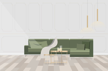 Stylish living room interior of modern apartment and trendy furniture, plants and elegant accessories.のイラスト素材