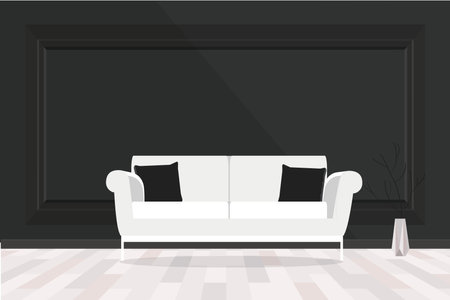 Illustration of a white fabric sofa on white wooden floor and black classic frame wall backgroundのイラスト素材