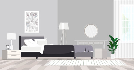Stylish bedroom interior with large comfortable bed and dressing tableのイラスト素材