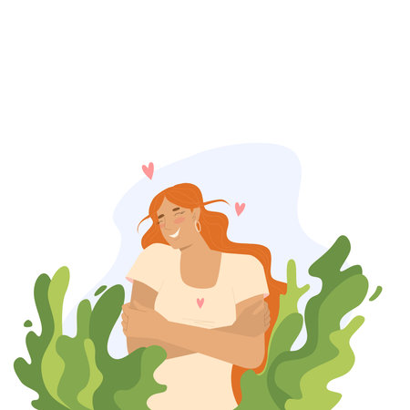 Woman embrace, feeling self love, bliss, harmony, positive emotion. Happy calm peaceful girl volunteer. Care, humanity, selfhelp and peace concept. Colored flat vector illustrationのイラスト素材
