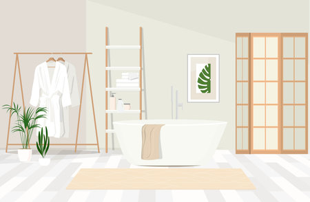 Stylish bathroom interior with beautiful tub and houseplantsのイラスト素材