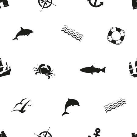 Seamless pattern in marine style. Black silhouettes on a white background.のイラスト素材