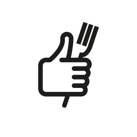 A good food icon. A hand with the thumb raised up and a fork in the hands. Simple linear vector illustration on a white background.のイラスト素材
