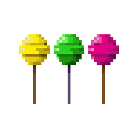 The icon of a lollipop on a stick. Three lollipops of different colors are made in a pixel style. Simple vector illustration on a white background.のイラスト素材