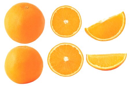 Set of ripe whole and sliced oranges isolated on white background.の写真素材