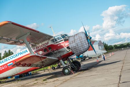 Russia, Oreshkovo Village, Ryazan Region June 30, 2019. Old planes at the airport.