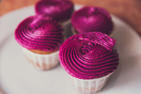 Four cupcakes with pink cream on a plate top view.