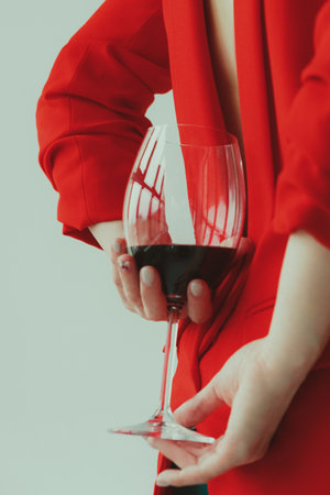 A young woman in a red jacket holds a glass of red wine behind her backの写真素材