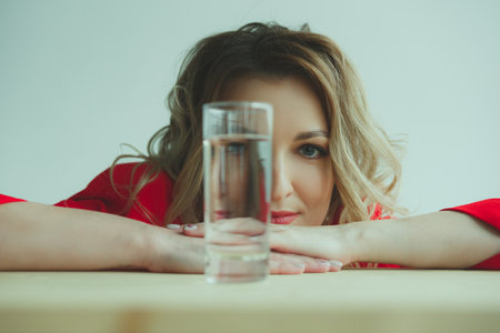 Beautiful blonde girl in a red jacket. Half of the face is covered with a glass of waterの写真素材