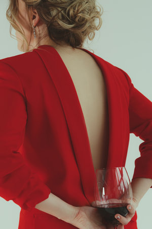 A young woman in a red jacket holds a glass of red wine behind her back.の写真素材