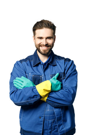 Thumb up. Young handsome man with a beard in a blue working uniform for cleaning rooms smiles isolated on white background, arms folded showing thumbs up.の写真素材