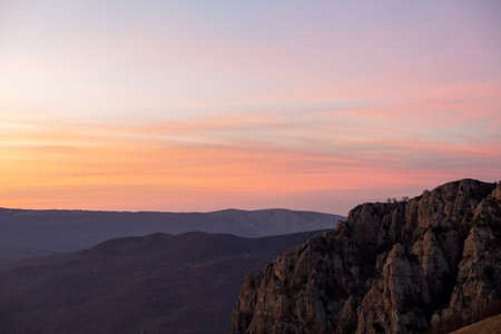 Evening mountain landscape, sunset pink-purple sky of Demerdzhiの写真素材