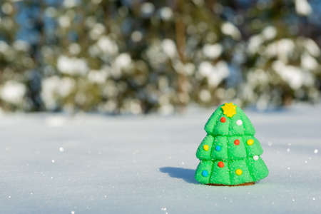 Marzipan candy in the form of a Christmas tree in the snowの写真素材