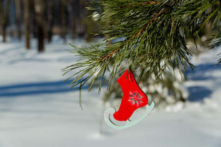 Christmas pendant toy figure skates hanging on a Christmas tree branch.の写真素材
