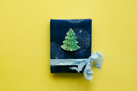 Handmade mini album or notebook in a soft textile cover and a Christmas tree brooch on a yellow background.の写真素材