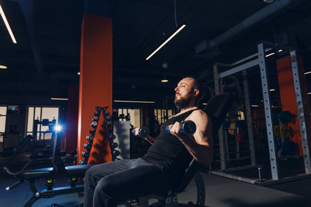Athletic man doing exercise with dumbbells in the gym