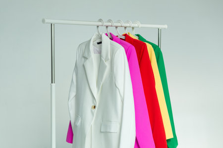 Multi-colored bright jackets on a hanger on a white background.の写真素材