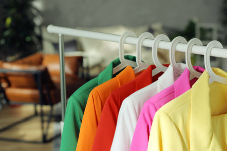 Multi-colored bright jackets on a hanger against the background of the room.の写真素材