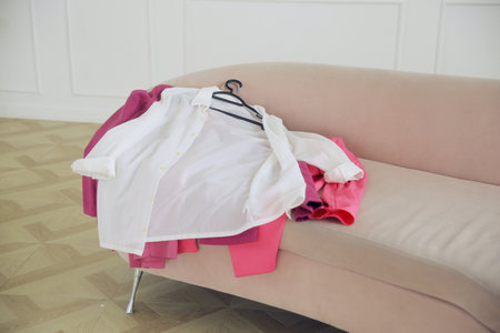 Women's clothes lie on a pink sofa in front of a choiceの写真素材