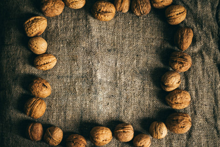 Walnuts on a burlap sack. Natural background. A frame of walnuts