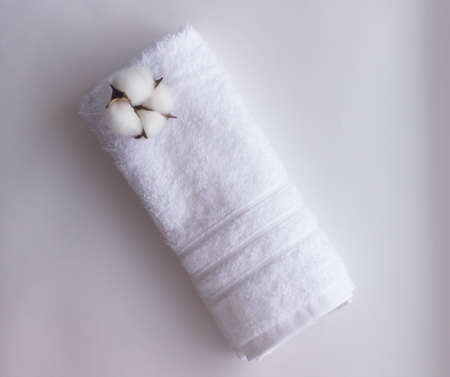 Rolled white towel with cotton flowers on the white background. bathroom decor elements.の写真素材