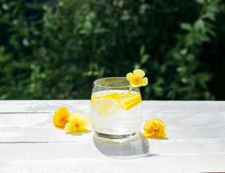 Homemade lemonade with lemon and ice cubes in a glass on the white wood table with yellow flowersの写真素材
