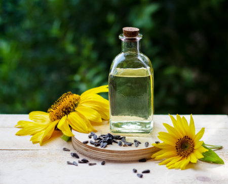 Close-up of sunflower oil in a bottle glass with seeds and sunflowerの写真素材