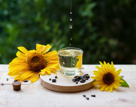 Sunflower oil drops pouring into a glass with sunflowers and seeds on backgroundの写真素材
