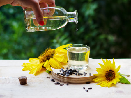 Sunflower oil pouring from the bottle into a glass with sunflowers and seeds on backgroundの写真素材