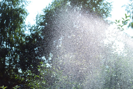 Water splashing out of water sprinkler. Fresh summer background. Waterdrops.の写真素材