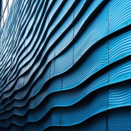 Closeup of futuristic metal building. Modern architecture of blue metall.の素材