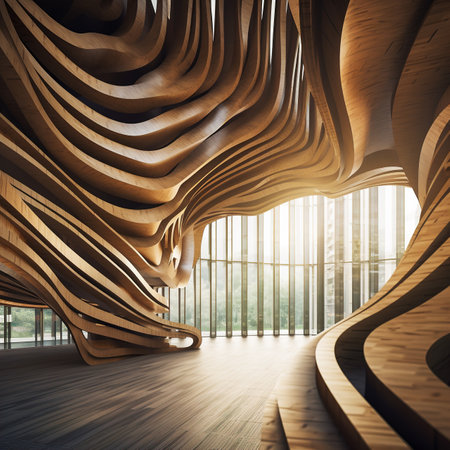 Wooden abstract architectural forms. Futuristic architecture.の素材