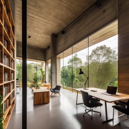 Interior design in modern open space office with wooden walls and concrete floor.の素材