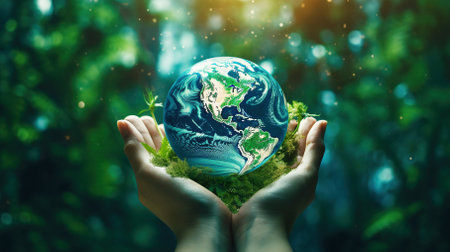 Earth globe with plants in hands. Save the Earth concept. Ecology conceptの素材
