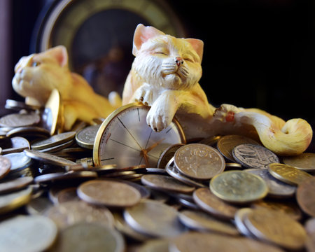 Business concept time is money, Russian coins and two toy cats that love money and dream. close-up and soft focus.の写真素材